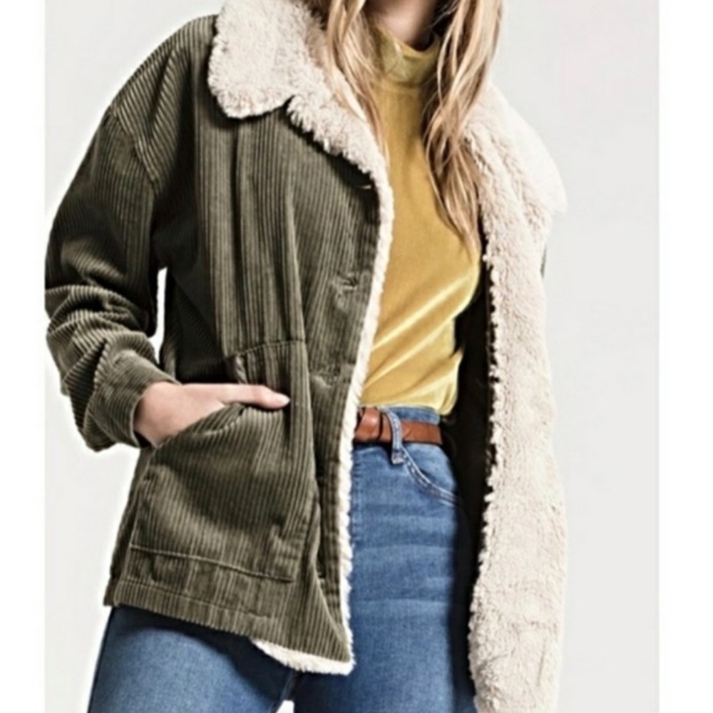 White Crow | Size Small 70's Inspired 100% Cotton Olive Corduroy Sherpa Jacket